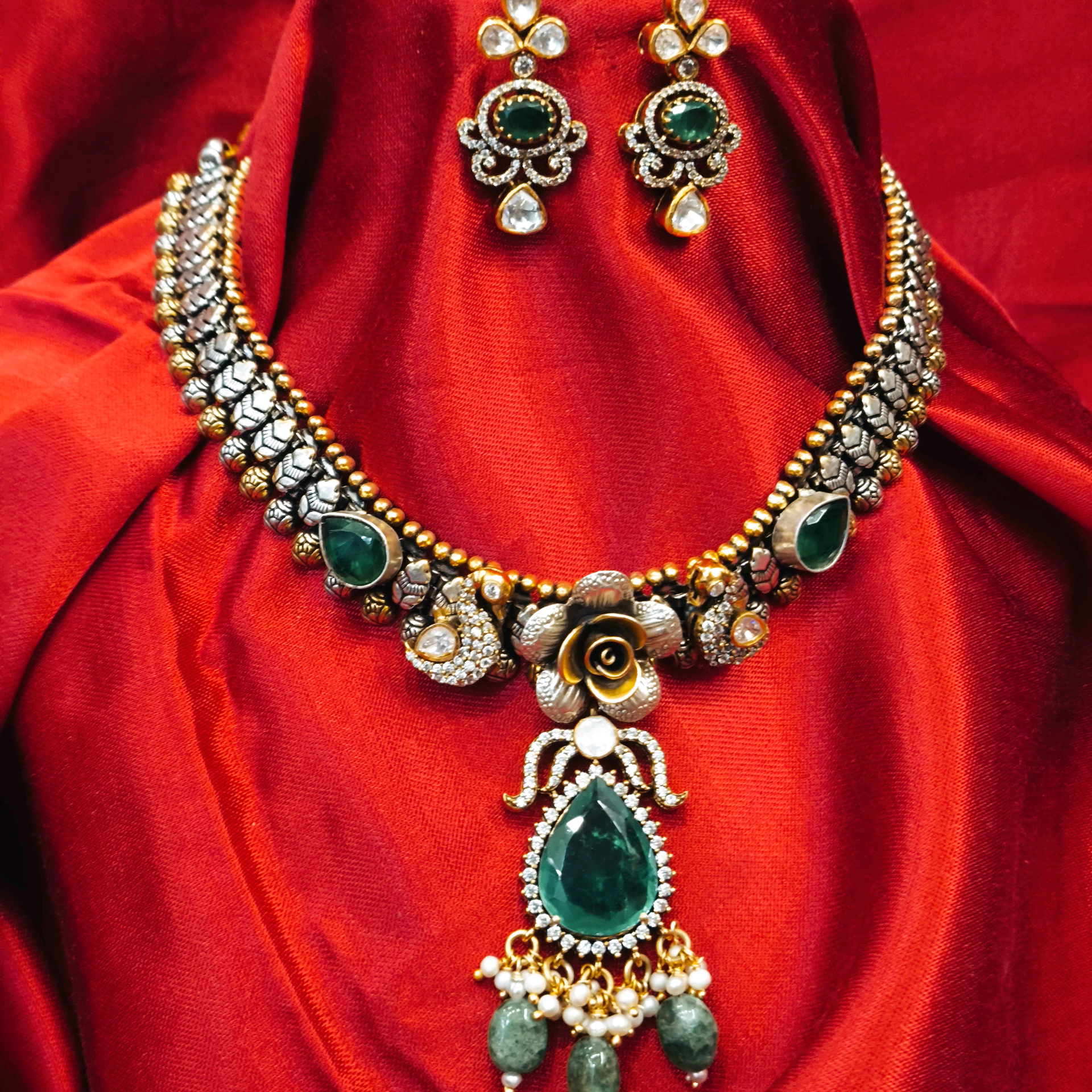 Moissanite Green Duel Tone Pendant Set 